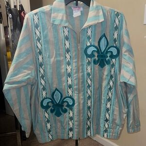 Vintage Teal Striped Jacket with Fleur-de-Lis